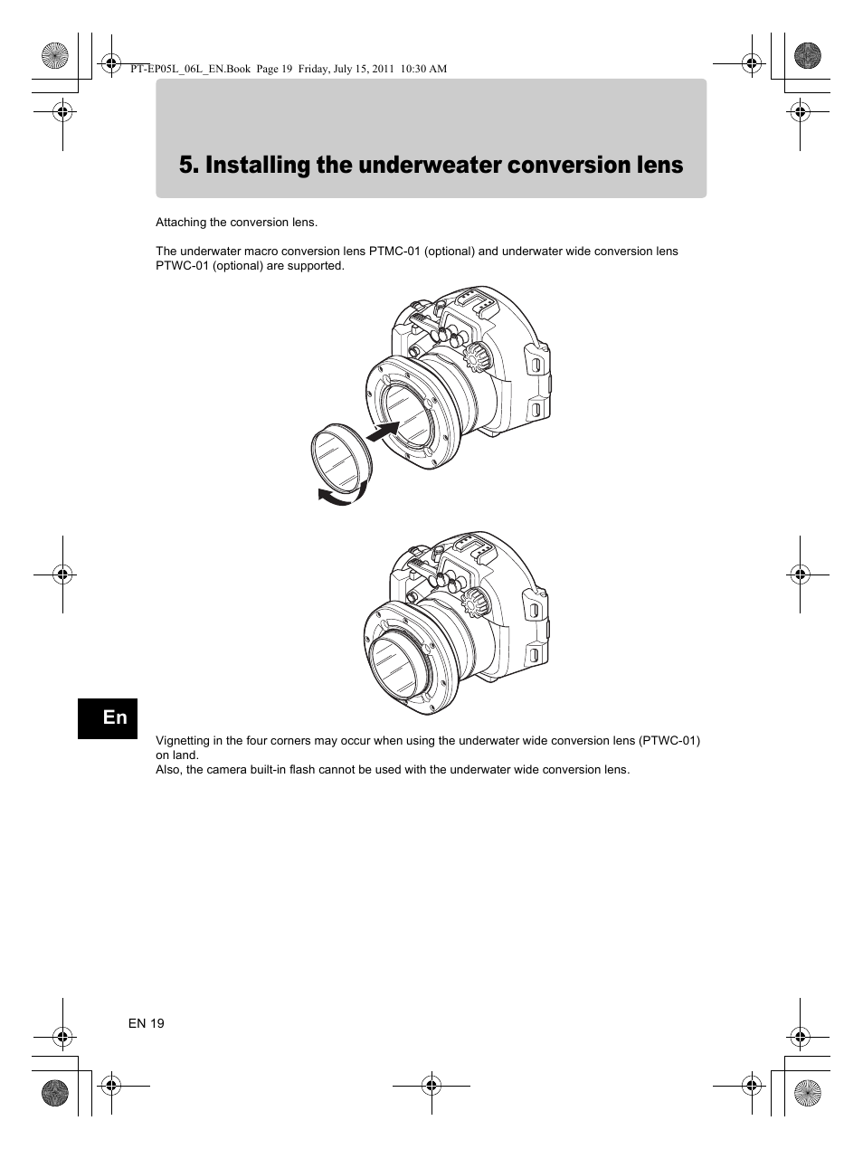 Installing the underweater conversion lens | Olympus PT-EP06L User Manual | Page 20 / 27