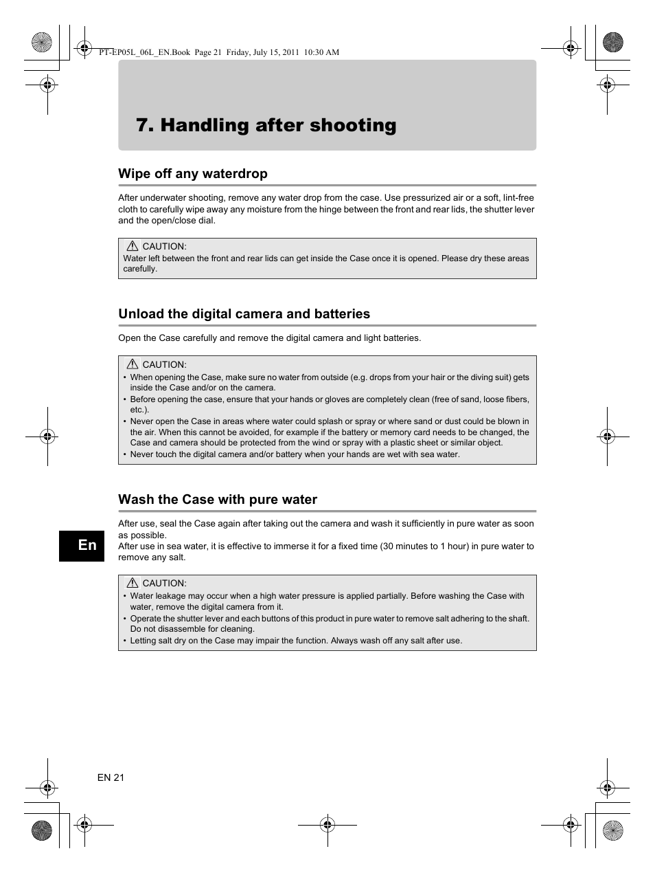 Handling after shooting, Wipe off any waterdrop, Unload the digital camera and batteries | Wash the case with pure water | Olympus PT-EP06L User Manual | Page 22 / 27