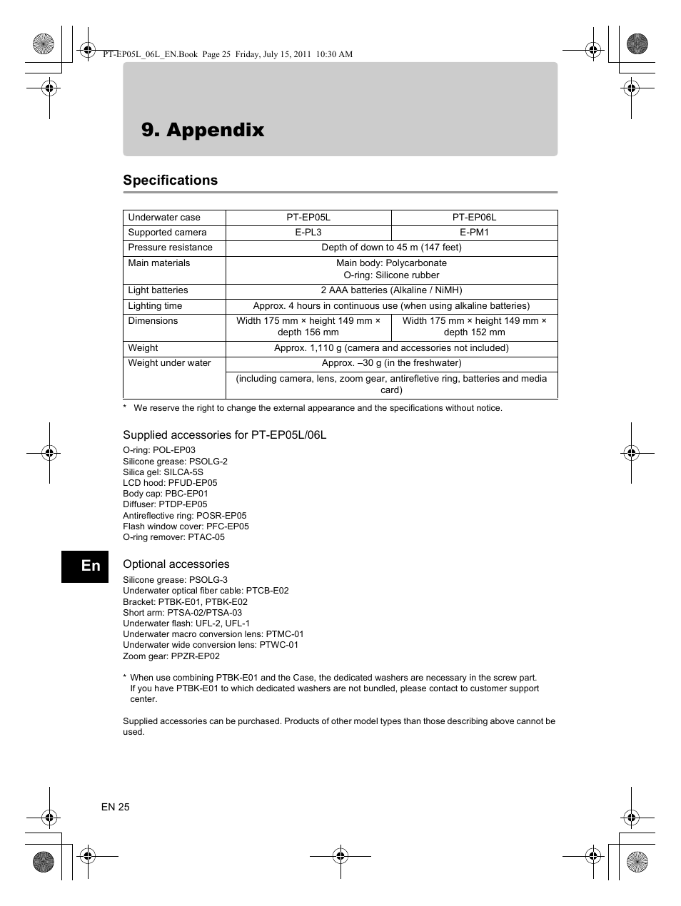Appendix, Specifications | Olympus PT-EP06L User Manual | Page 26 / 27