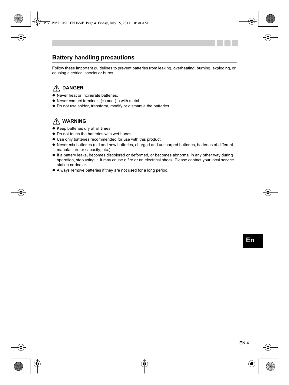 Battery handling precautions | Olympus PT-EP06L User Manual | Page 5 / 27