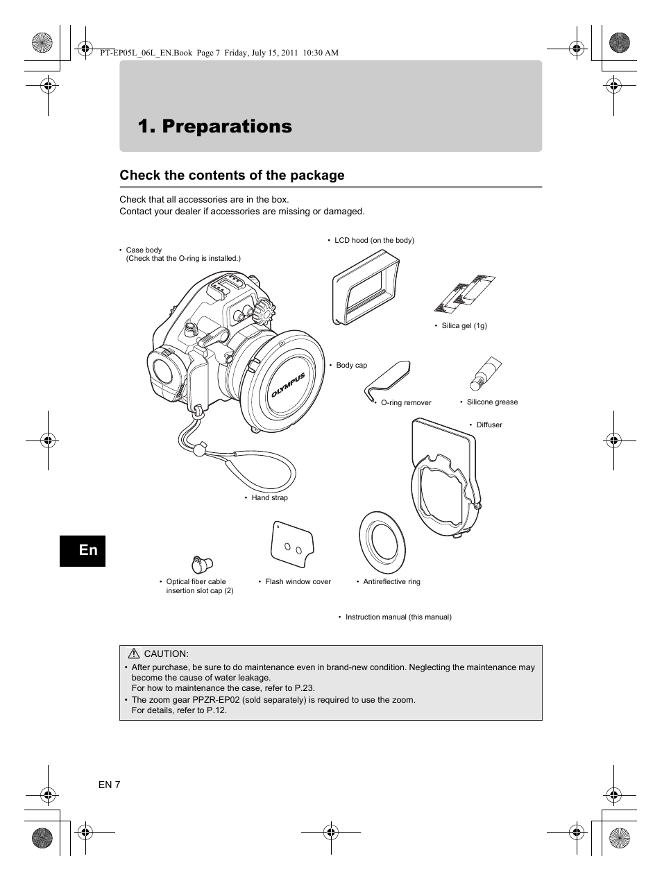 Preparations, Check the contents of the package | Olympus PT-EP06L User Manual | Page 8 / 27