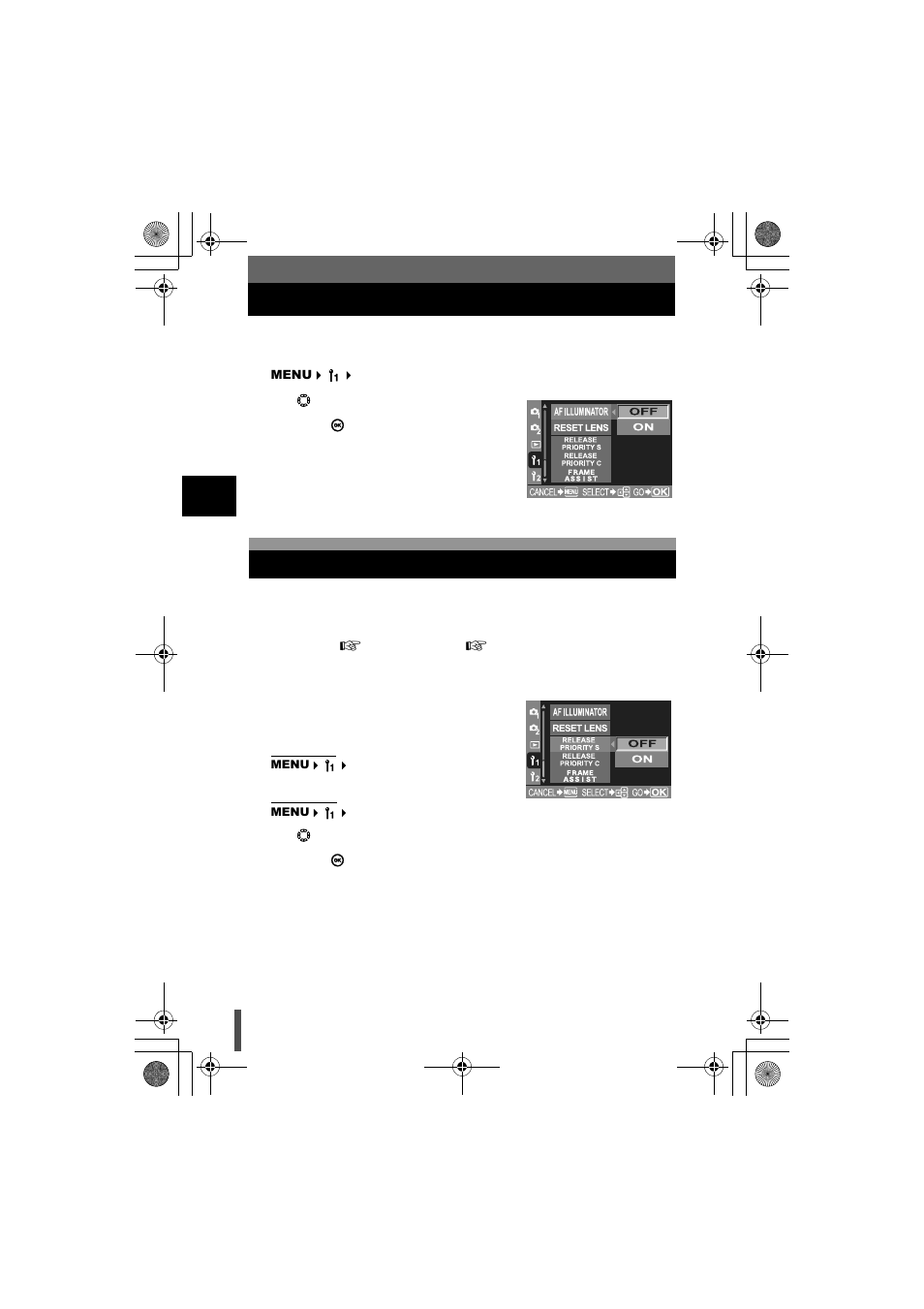 Af illuminator, Shutter release priority, Af illuminator shutter release priority | Aised, G“af illuminator” (p. 70) | Olympus E-330 User Manual | Page 70 / 196