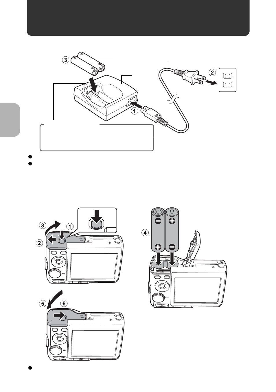 Prepare the batteries, Charge the batteries, A. charge the batteries | B. insert the batteries in the camera | Olympus FE-180 User Manual | Page 4 / 80