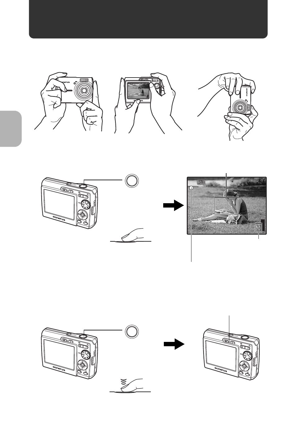 Take a picture, A. hold the camera. c. shoot, B. focus | Quick st a rt guide | Olympus FE-180 User Manual | Page 8 / 80