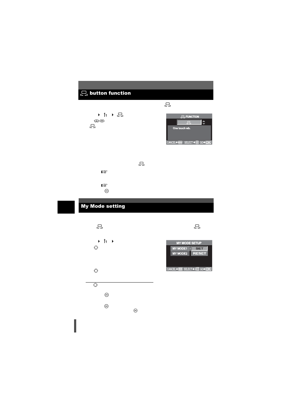 One-touch wb button function, My mode setting, V button function my mode setting | Olympus E-500 User Manual | Page 128 / 216