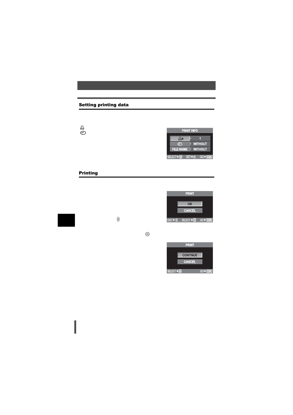 Setting printing data, Printing, Setting printing data printing | G p. 150 | Olympus E-500 User Manual | Page 150 / 216