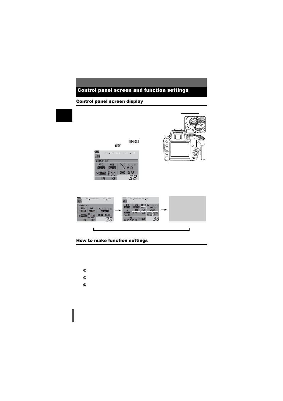 Control panel screen and function settings, Control panel screen display, How to make function settings | Olympus E-500 User Manual | Page 20 / 216