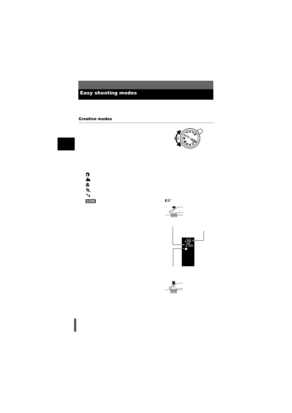 Easy shooting modes, G p. 34 | Olympus E-500 User Manual | Page 34 / 216