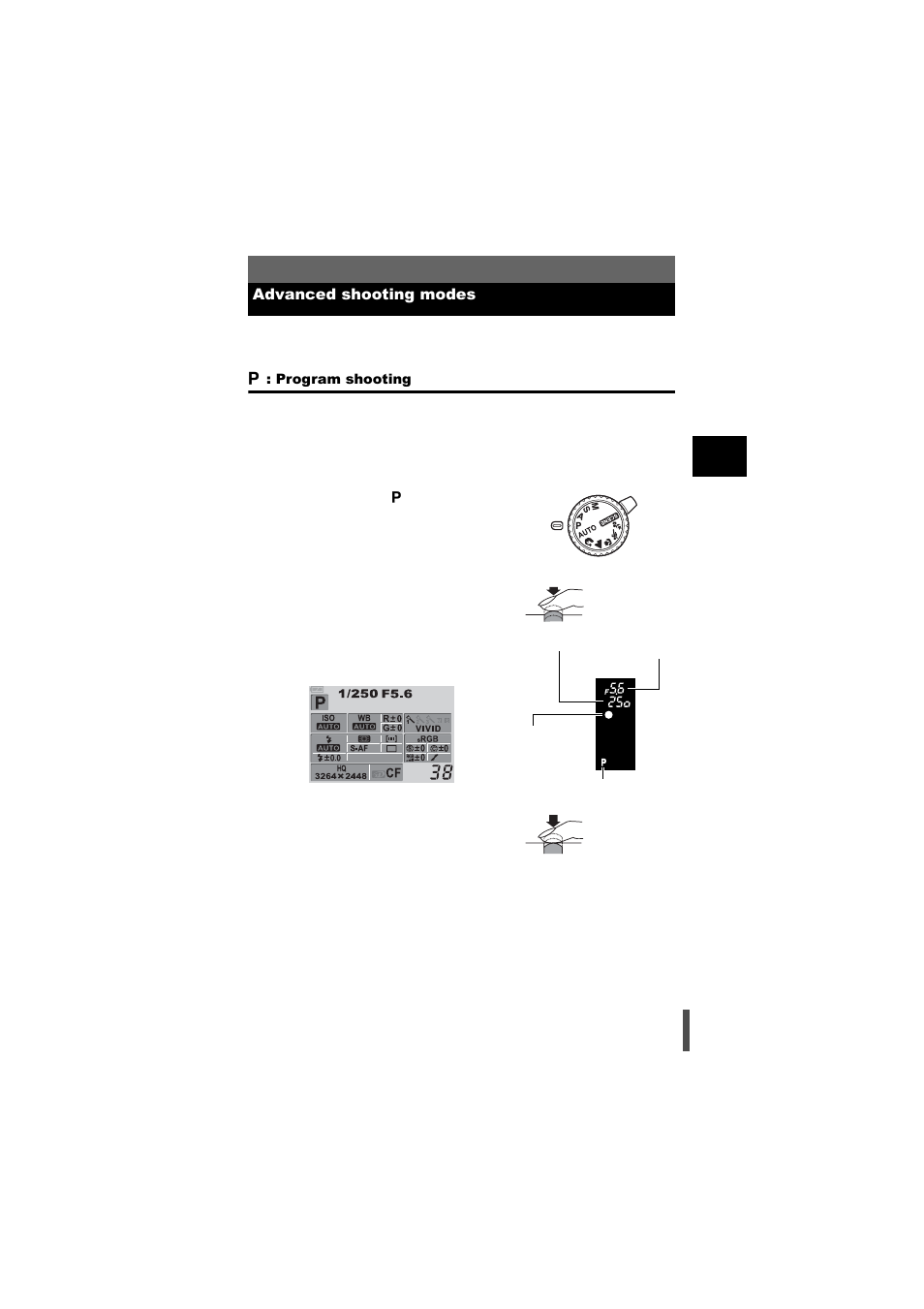 Advanced shooting modes, P : program shooting, Program shooting | G p. 39 | Olympus E-500 User Manual | Page 39 / 216