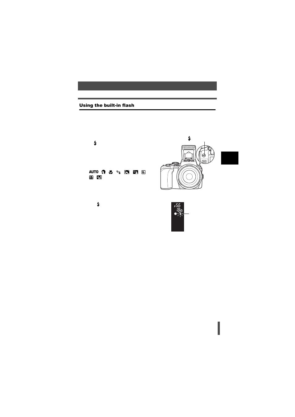 Using the built-in flash | Olympus E-500 User Manual | Page 55 / 216
