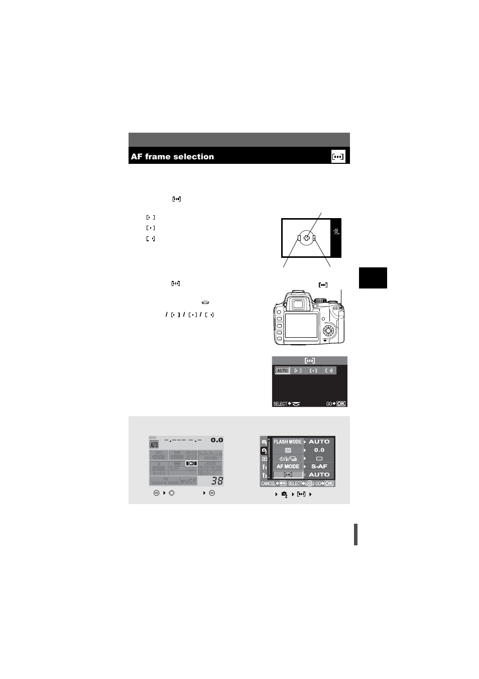 Af frame selection, P. 69 | Olympus E-500 User Manual | Page 69 / 216