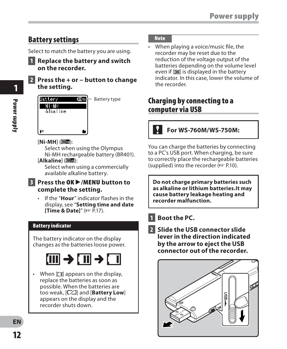Power supply, Charging by connecting to a computer via usb, Battery settings | Olympus WS-650S User Manual | Page 12 / 92