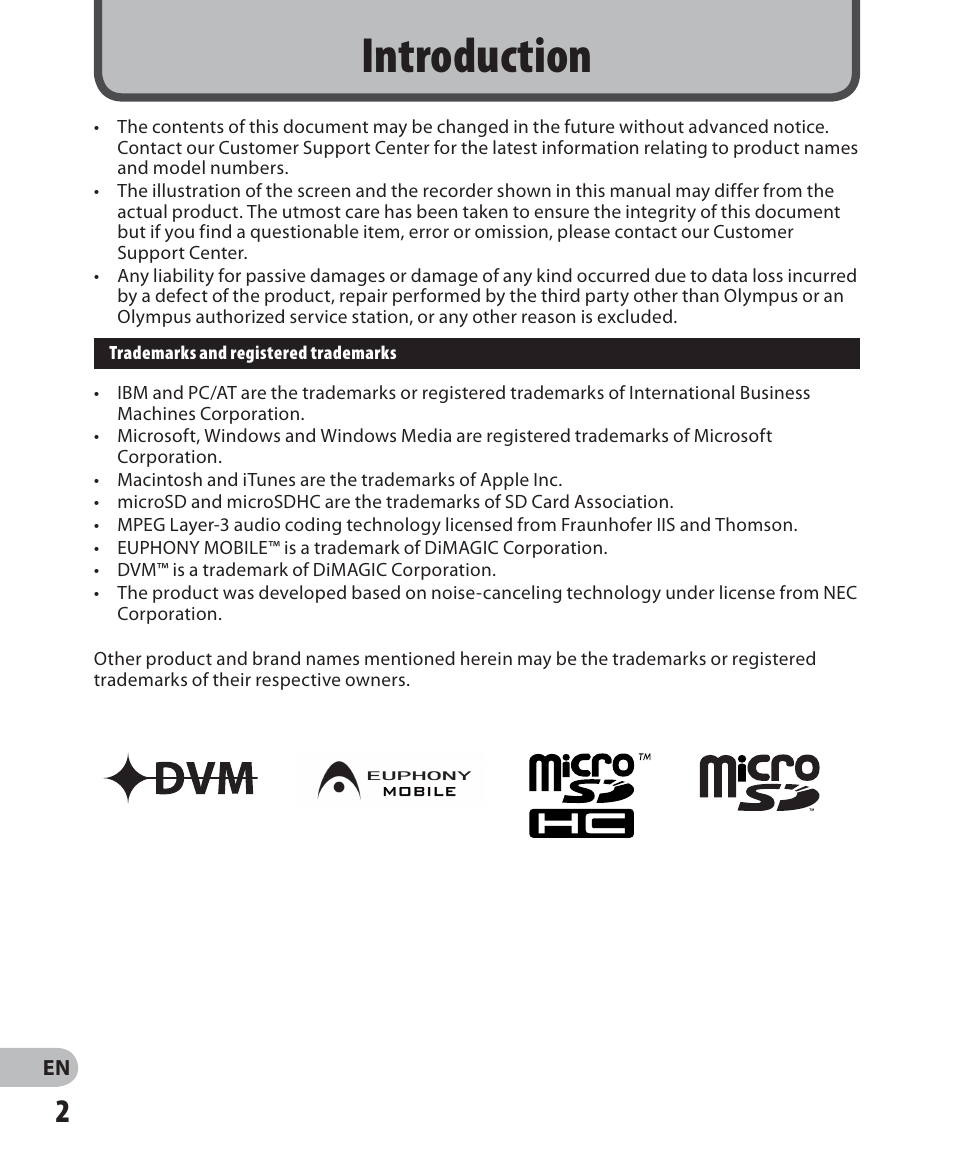 Introduction | Olympus WS-650S User Manual | Page 2 / 92