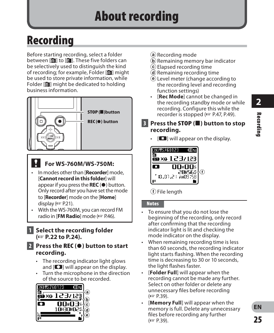 About recording, Recording | Olympus WS-650S User Manual | Page 25 / 92