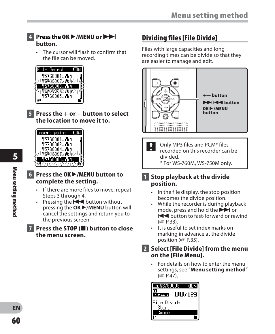 Menu setting method, Dividing files [file divide | Olympus WS-650S User Manual | Page 60 / 92