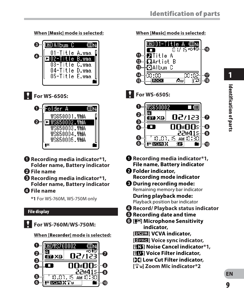 Identification of parts | Olympus WS-650S User Manual | Page 9 / 92