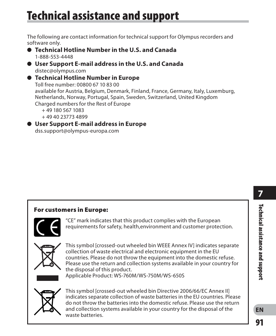 Technical assistance and support | Olympus WS-650S User Manual | Page 91 / 92