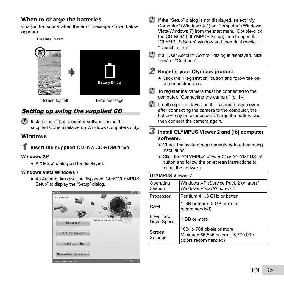 15 en, Setting up using the supplied cd | Olympus SH-21 User Manual | Page 15 / 82