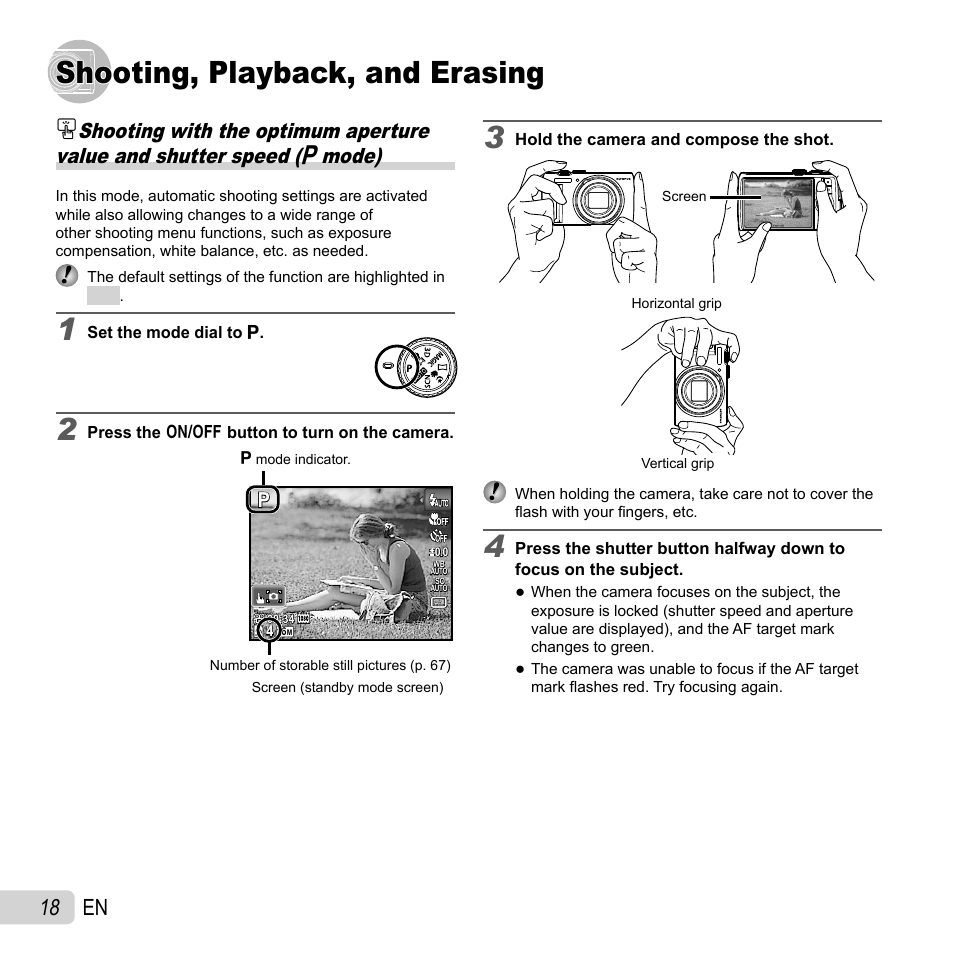 Shooting, playback, and erasing, 18 en | Olympus SH-21 User Manual | Page 18 / 82