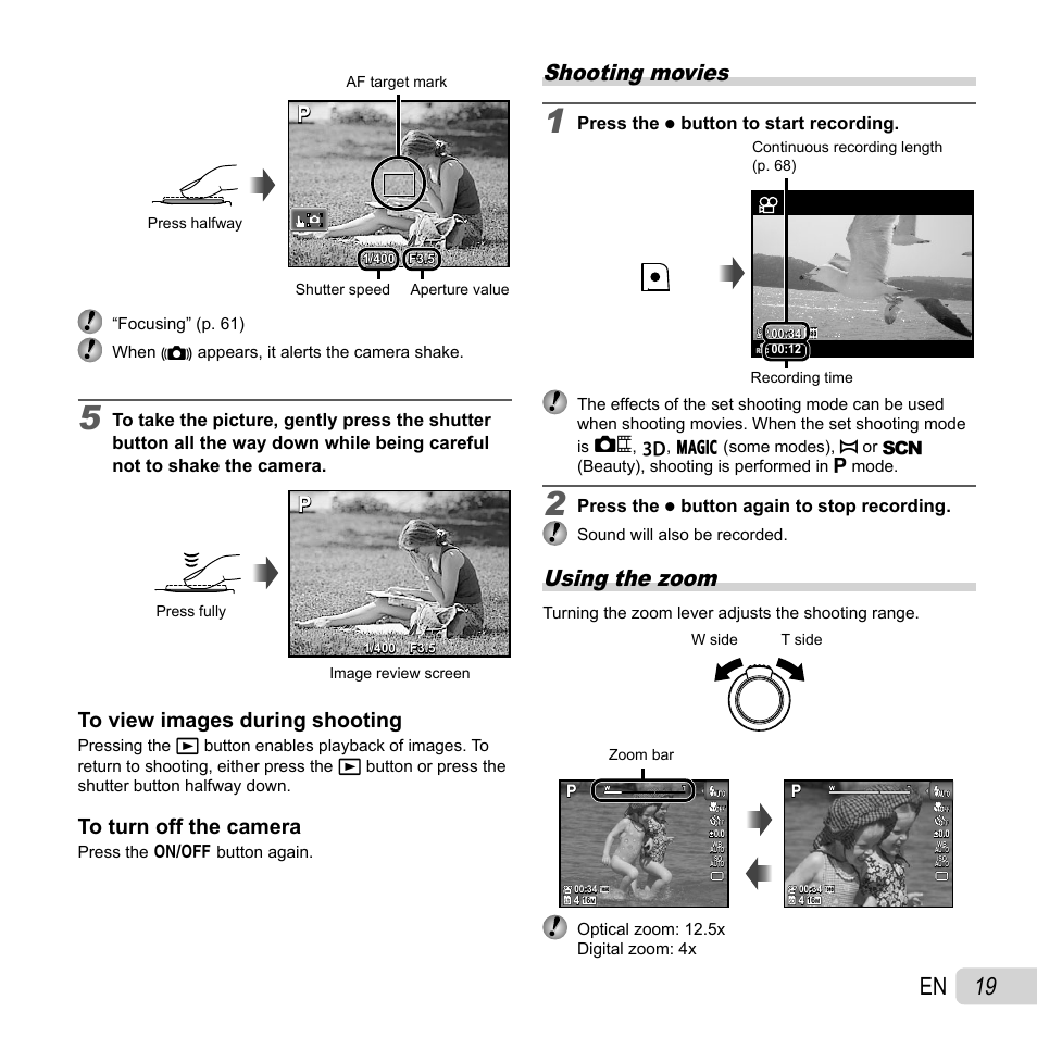 19 en, Shooting movies, Using the zoom | Olympus SH-21 User Manual | Page 19 / 82