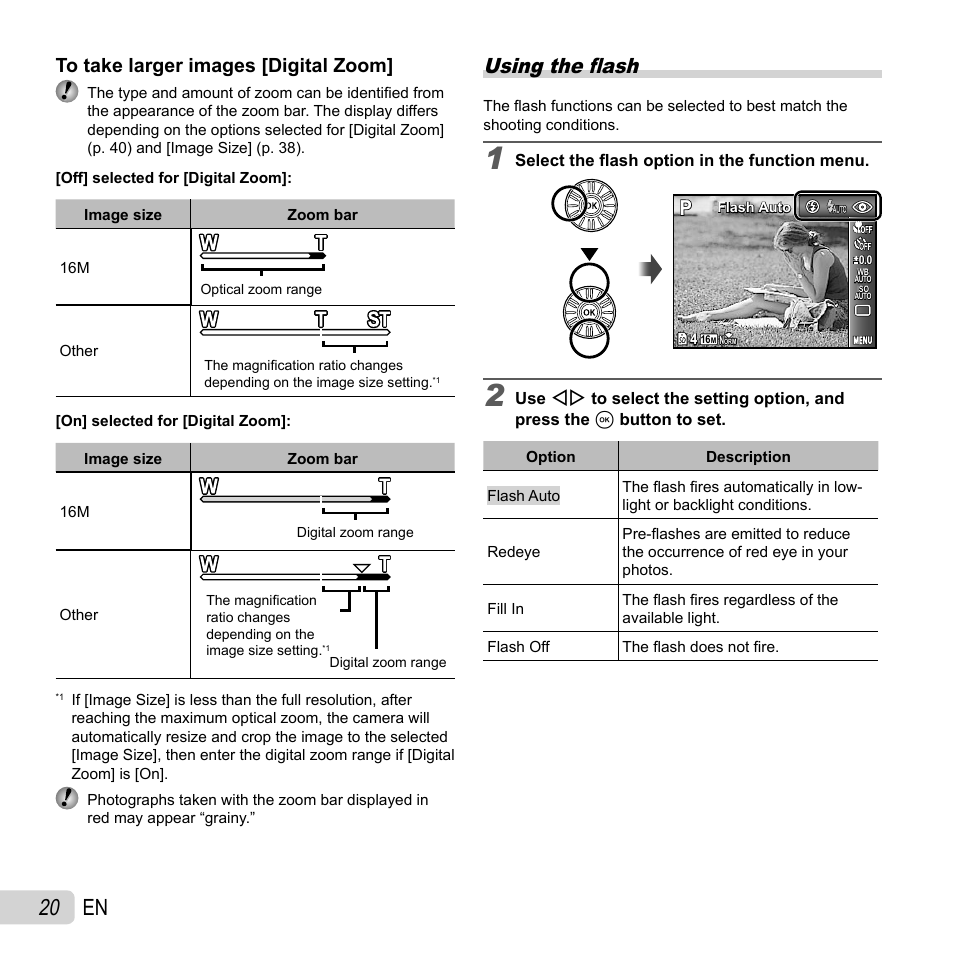 20 en, Using the fl ash | Olympus SH-21 User Manual | Page 20 / 82