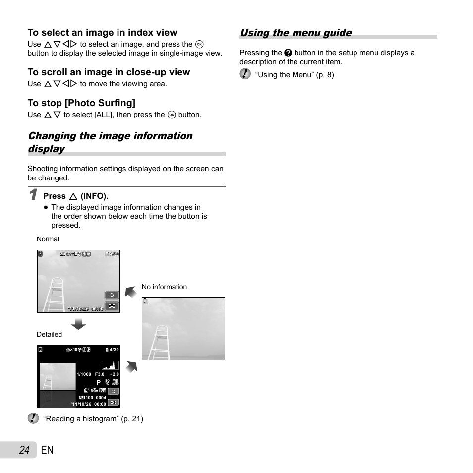 24 en, Using the menu guide, Changing the image information display | Olympus SH-21 User Manual | Page 24 / 82