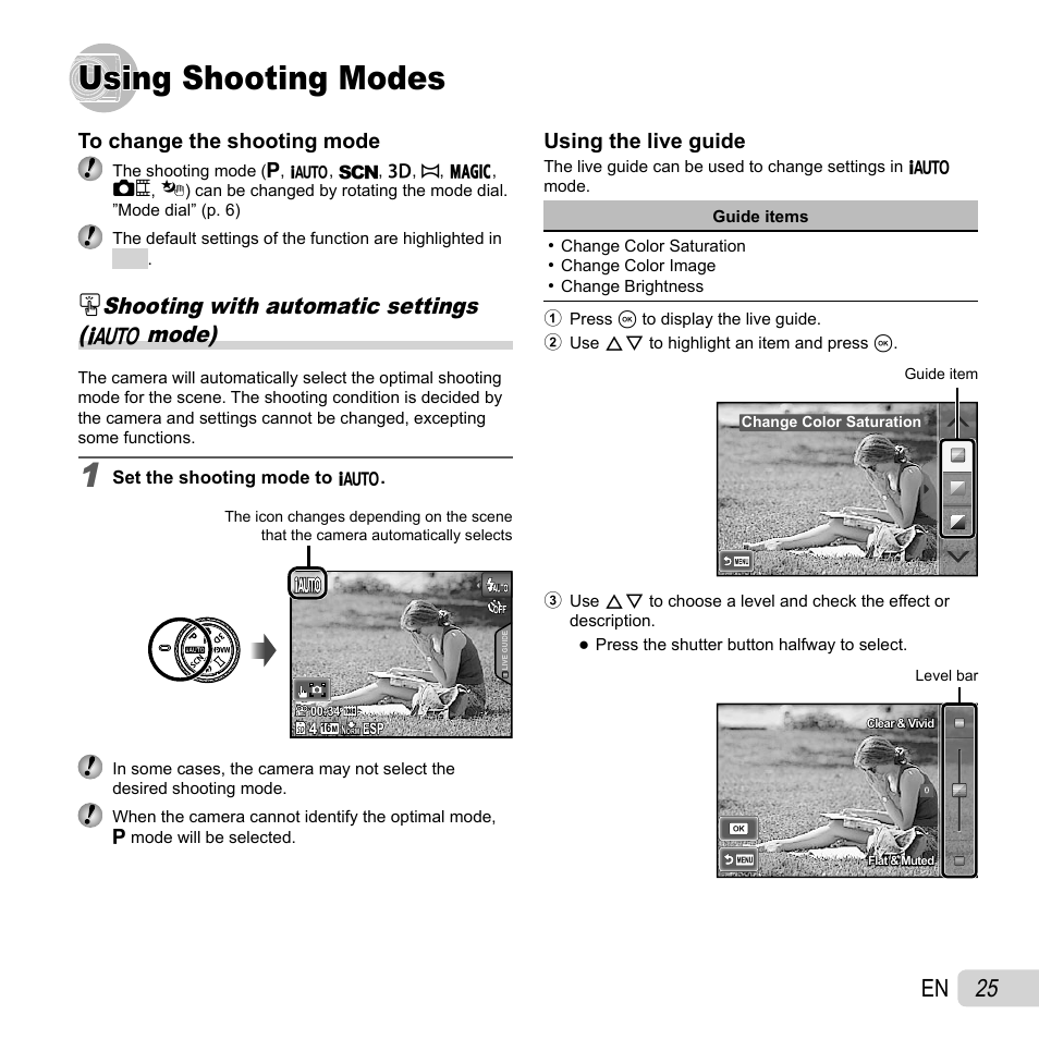 Using shooting modes, 25 en, Shooting with automatic settings ( m mode) | Olympus SH-21 User Manual | Page 25 / 82
