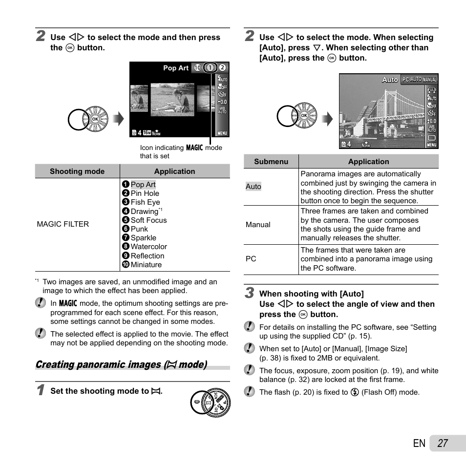 27 en, Creating panoramic images ( p mode) | Olympus SH-21 User Manual | Page 27 / 82