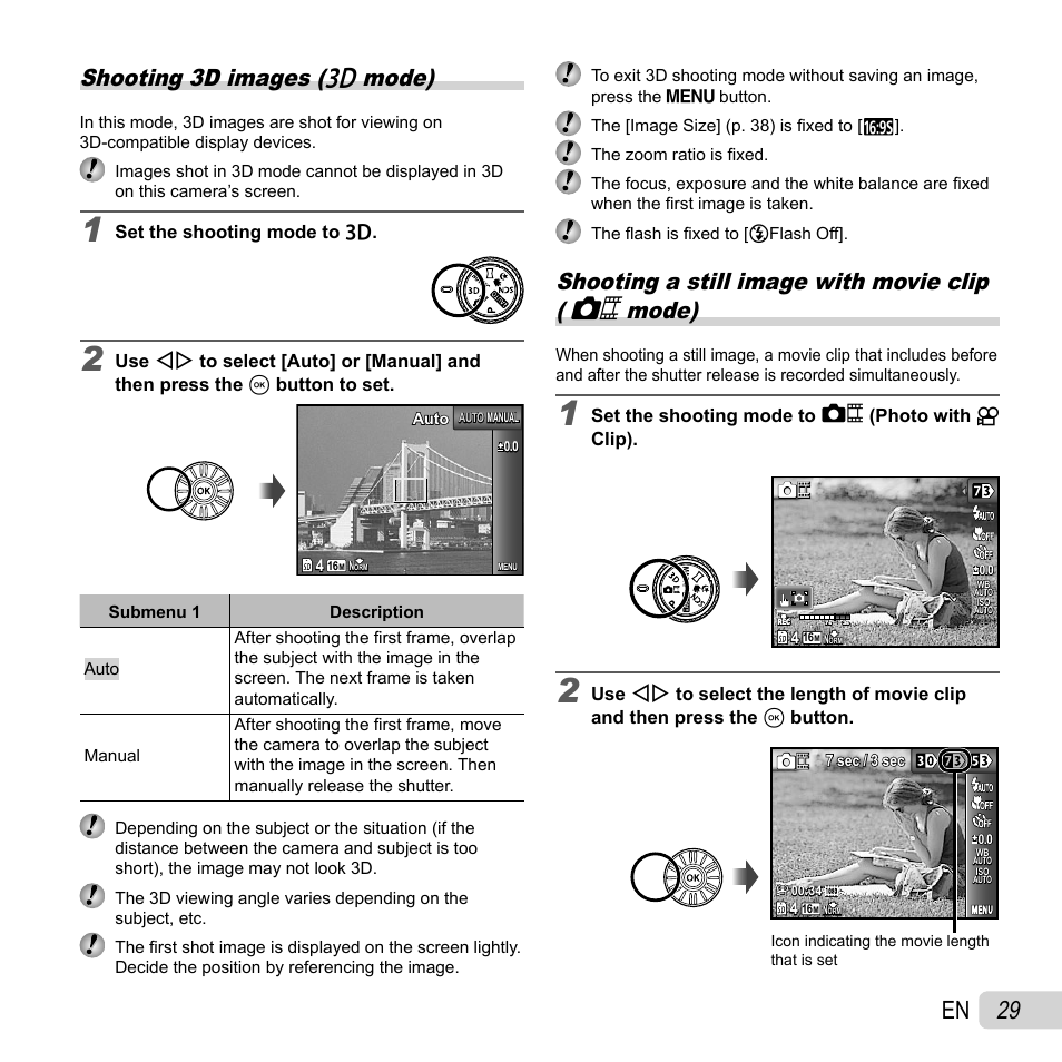29 en, Shooting 3d images ( w mode), Shooting a still image with movie clip (  mode) | Olympus SH-21 User Manual | Page 29 / 82