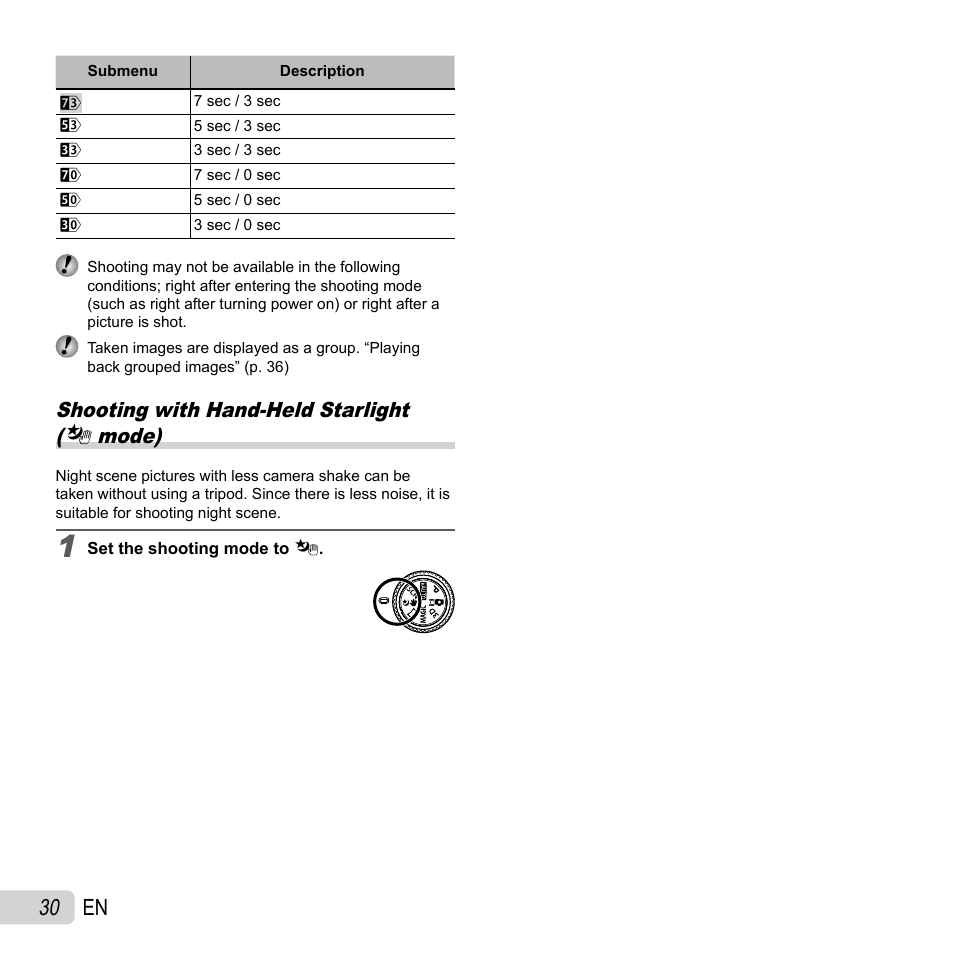 30 en, Shooting with hand-held starlight (  mode) | Olympus SH-21 User Manual | Page 30 / 82