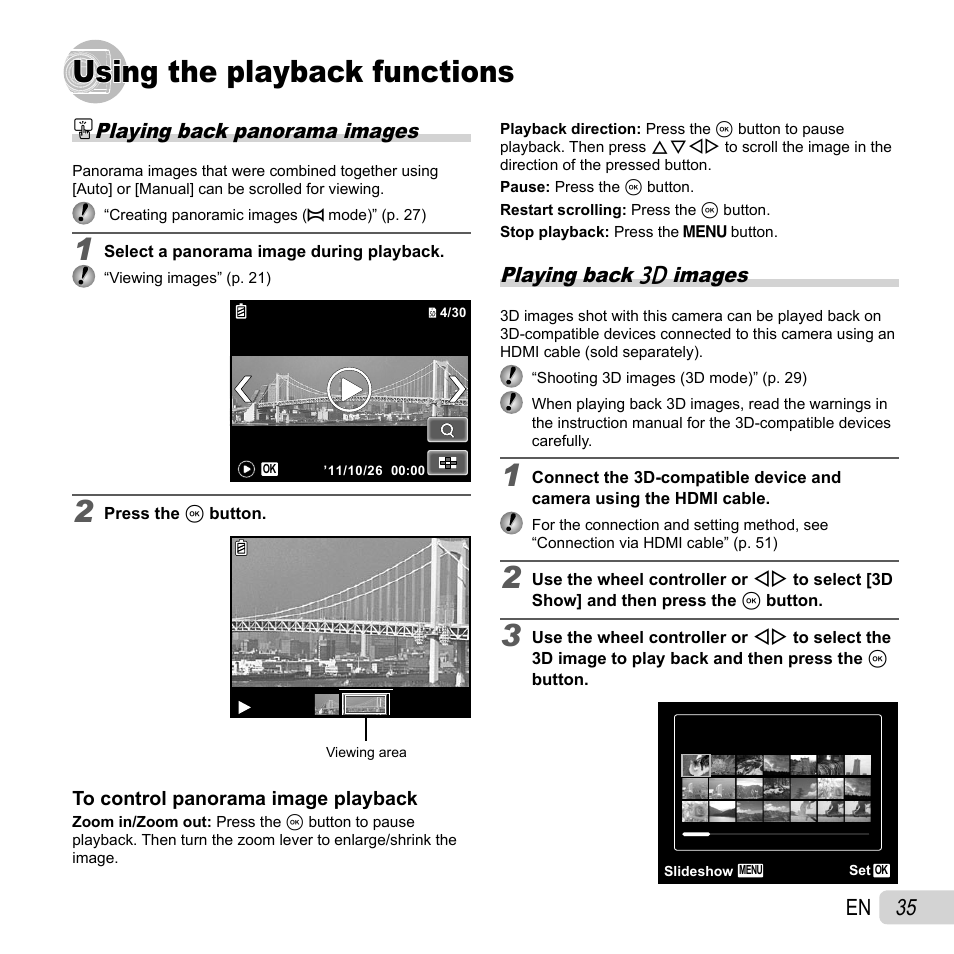 Using the playback functions, 35 en, Playing back panorama images | Playing back w images | Olympus SH-21 User Manual | Page 35 / 82