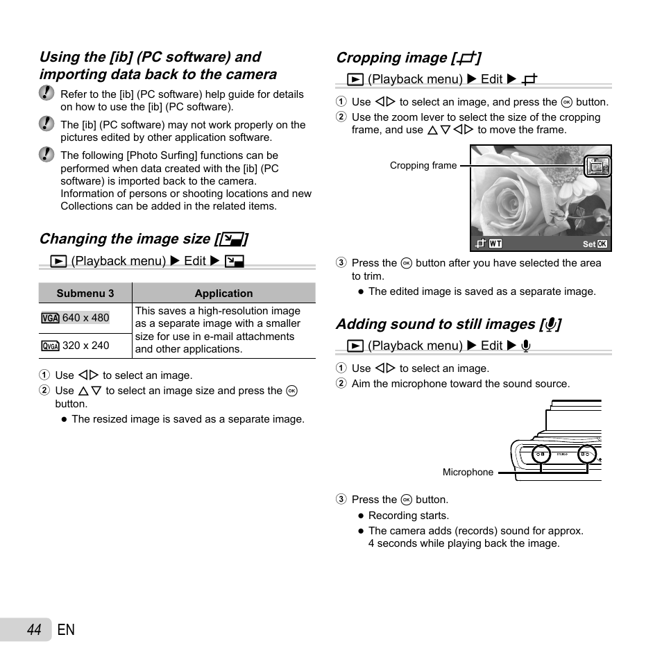 44 en, Changing the image size, Changing the image size [ q q | Cropping image, Cropping image [ p p | Olympus SH-21 User Manual | Page 44 / 82