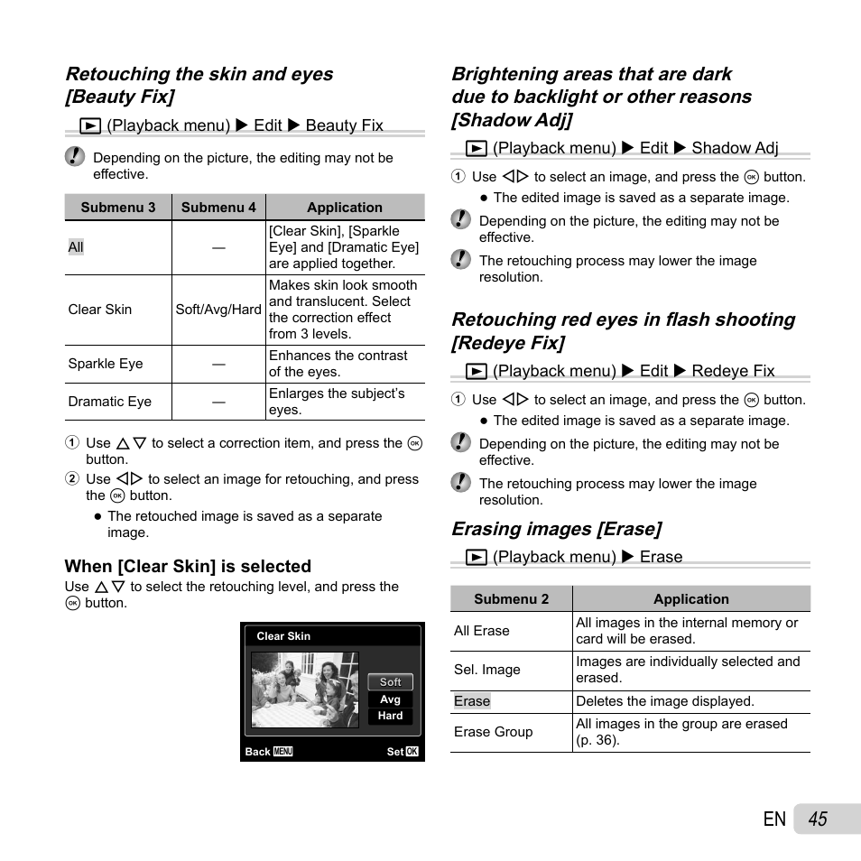 45 en, Erasing images [erase | Olympus SH-21 User Manual | Page 45 / 82