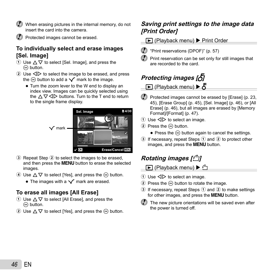 46 en, Protecting images [ protecting images [ r r, Rotating images [ rotating images [ y y | Olympus SH-21 User Manual | Page 46 / 82