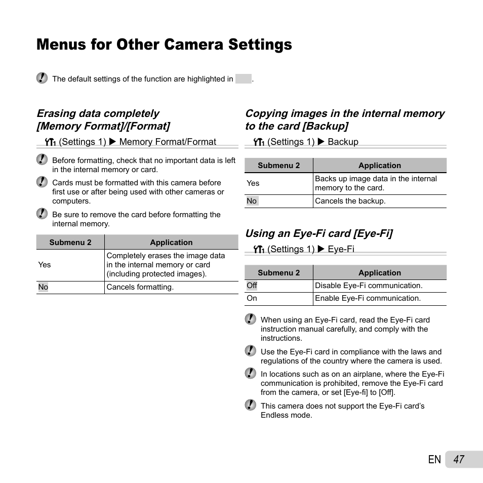 Menus for other camera settings, 47 en, Using an eye-fi card [eye-fi | Olympus SH-21 User Manual | Page 47 / 82