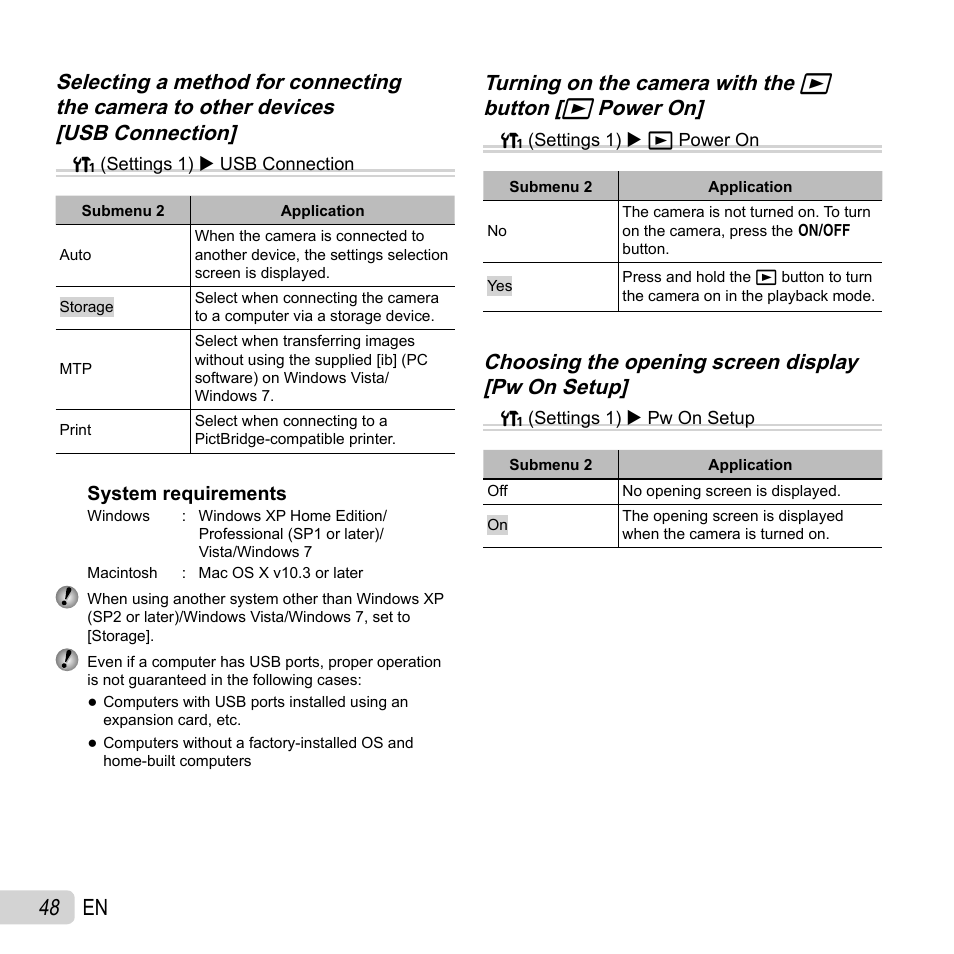 48 en, Turning on the camera with the | Olympus SH-21 User Manual | Page 48 / 82