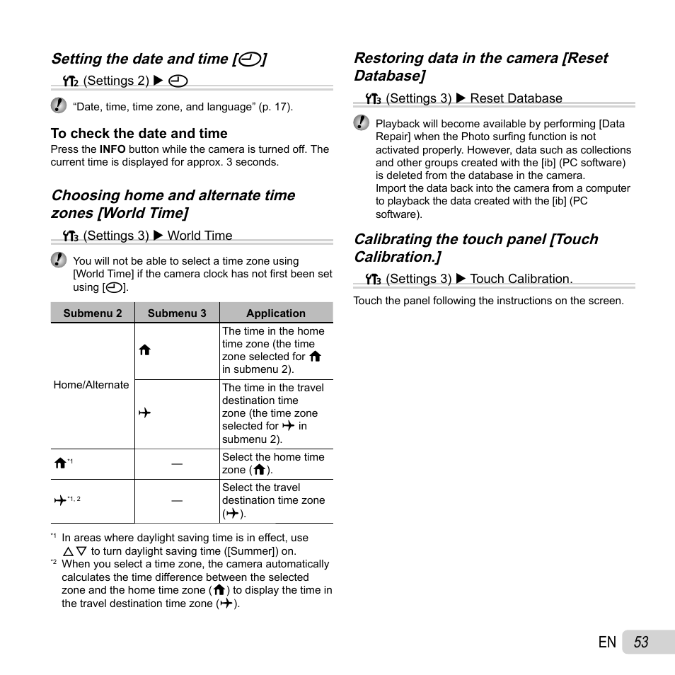 53 en, Setting the date and time, Setting the date and time [ x x | Olympus SH-21 User Manual | Page 53 / 82