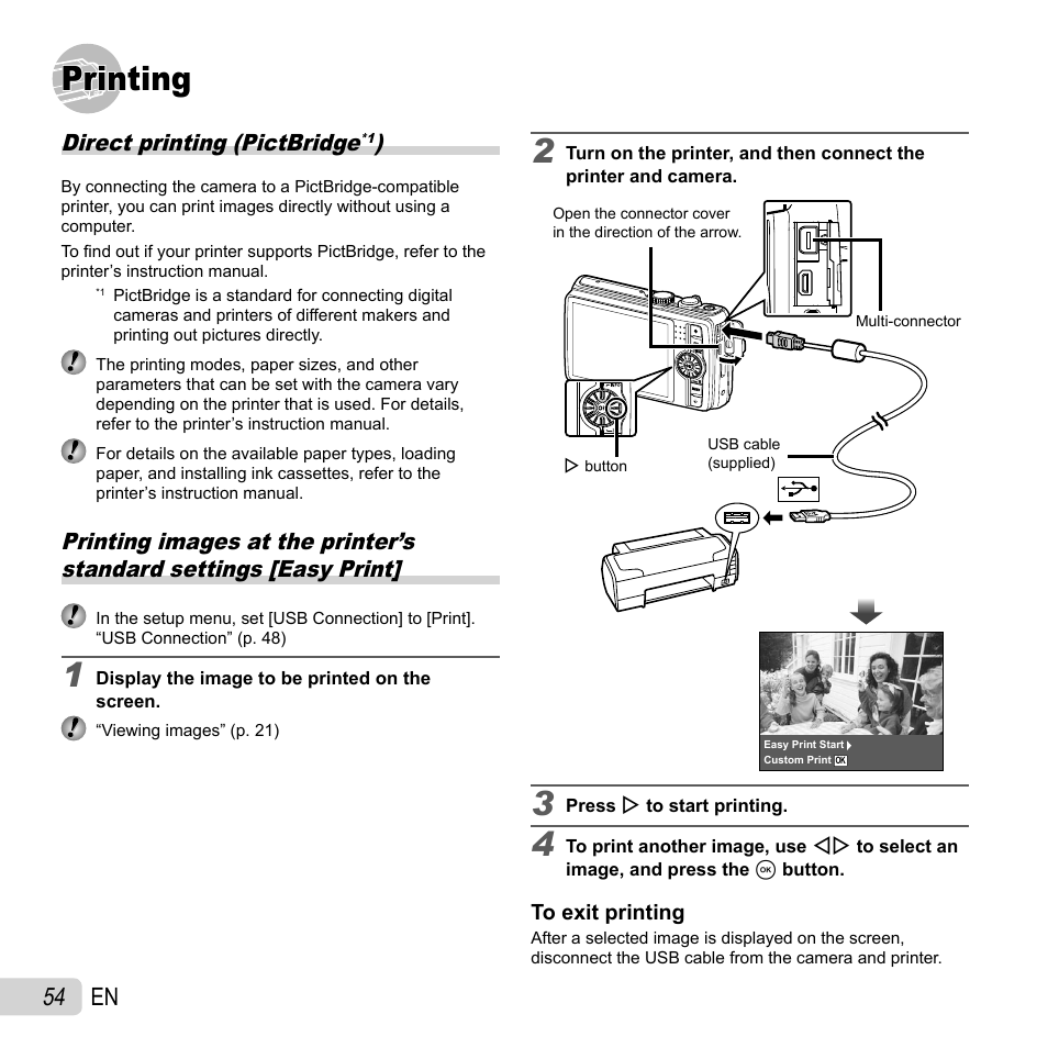Printing, 54 en, Direct printing (pictbridge | Olympus SH-21 User Manual | Page 54 / 82
