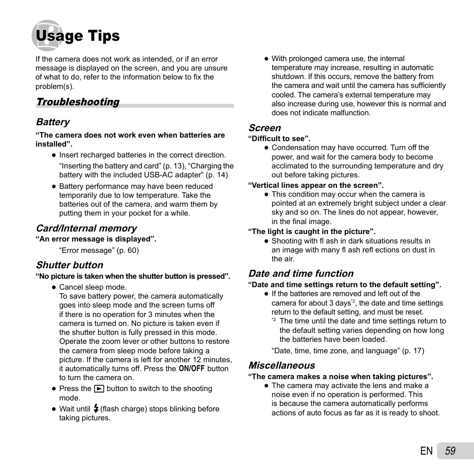 Usage tips, 59 en, Troubleshooting | Olympus SH-21 User Manual | Page 59 / 82