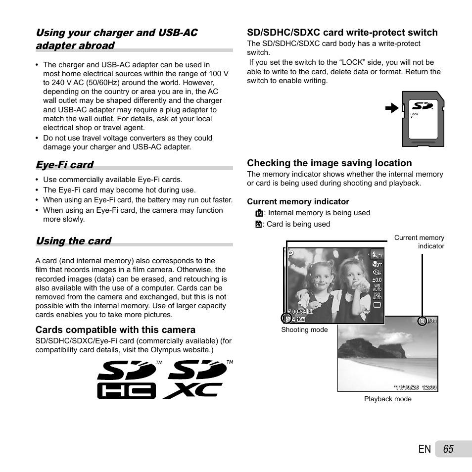 65 en, Using your charger and usb-ac adapter abroad, Eye-fi card | Using the card, Cards compatible with this camera, Sd/sdhc/sdxc card write-protect switch, Checking the image saving location | Olympus SH-21 User Manual | Page 65 / 82