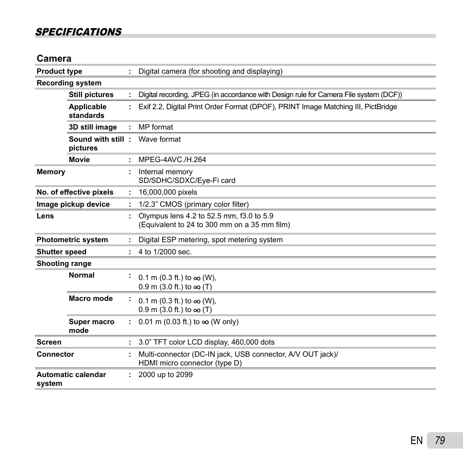 79 en, Specifications | Olympus SH-21 User Manual | Page 79 / 82