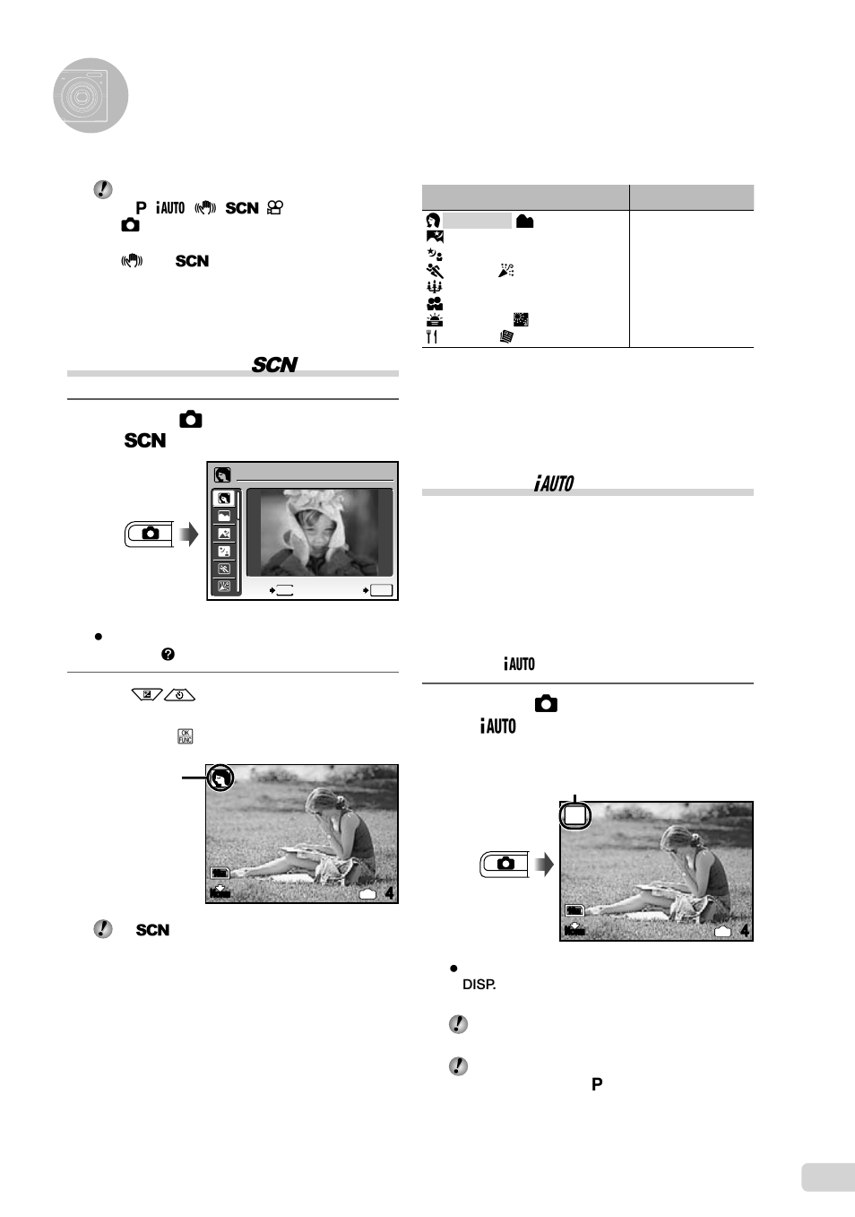 Using shooting modes, Using the best mode for the shooting scene, Shooting with automatic settings | 17 en, Shooting with automatic settings ( g mode), Press the k button a few times to set g, Press the k button a few times to set s | Olympus FE-45 User Manual | Page 17 / 58