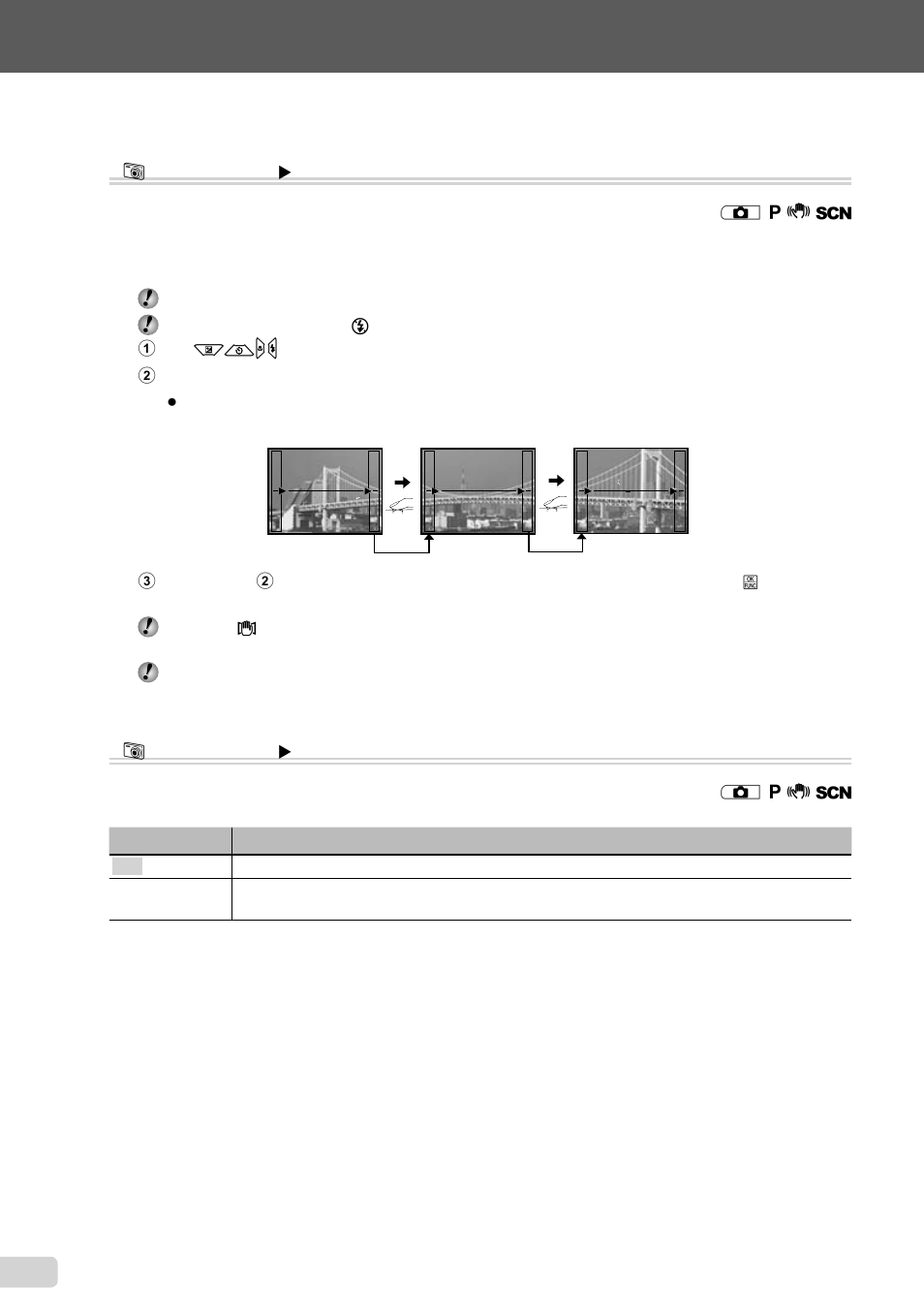Creating panoramic images, Selecting the focusing on a face, 26 en | Creating panoramic images [ panorama] b, Selecting the focusing on a face [ face detect] b | Olympus FE-45 User Manual | Page 26 / 58