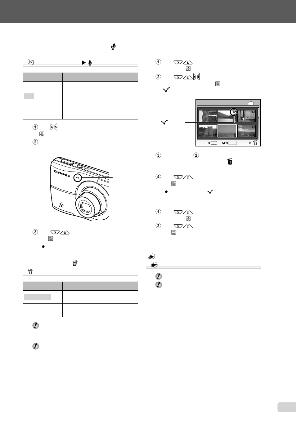 Adding sound to still images (fe-45/x-40), Erasing images, Saving print settings to the image data | 29 en, Adding sound to still images [ r ] (fe-45/x-40) j, Erasing images [ k erase] k | Olympus FE-45 User Manual | Page 29 / 58