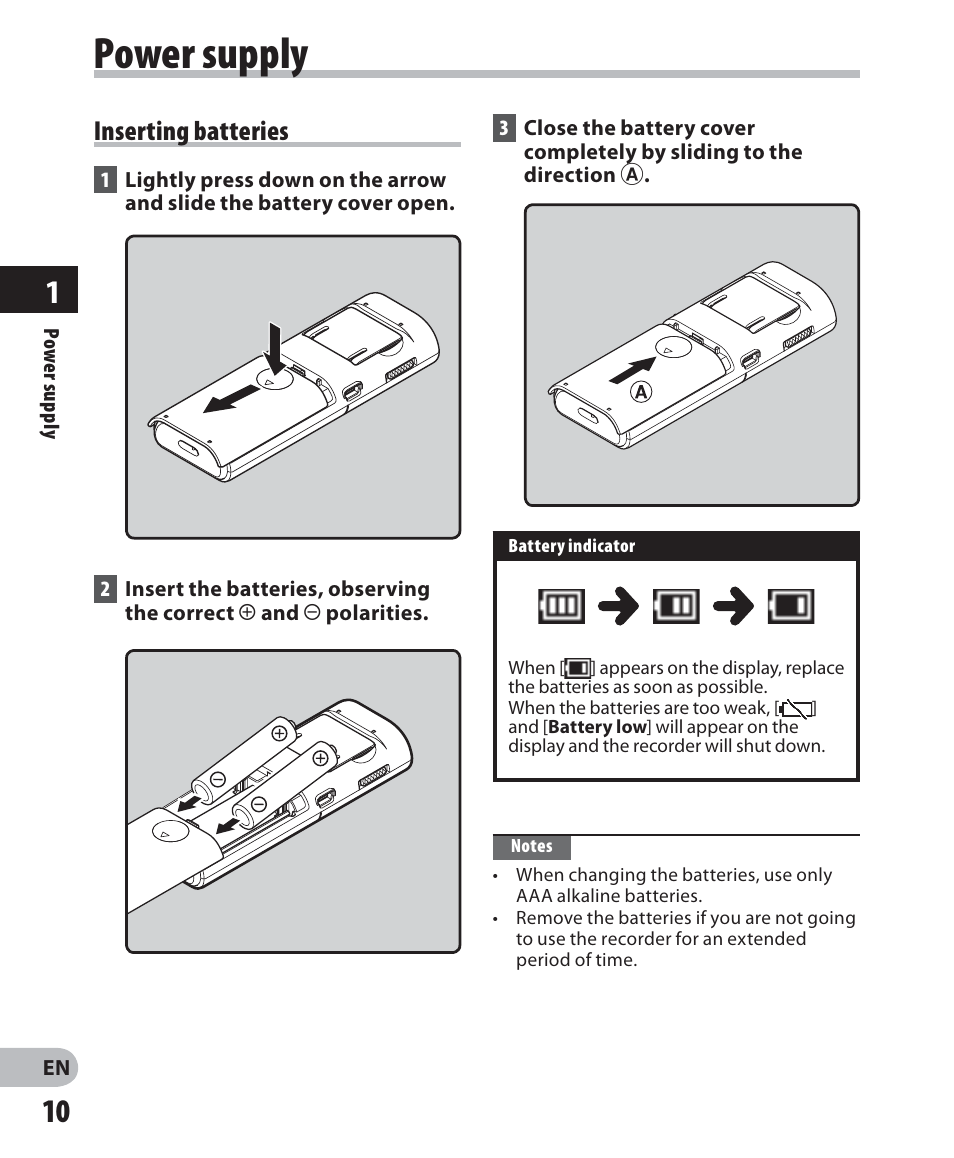 Power supply, Inserting batteries | Olympus VN-405PC User Manual | Page 10 / 45