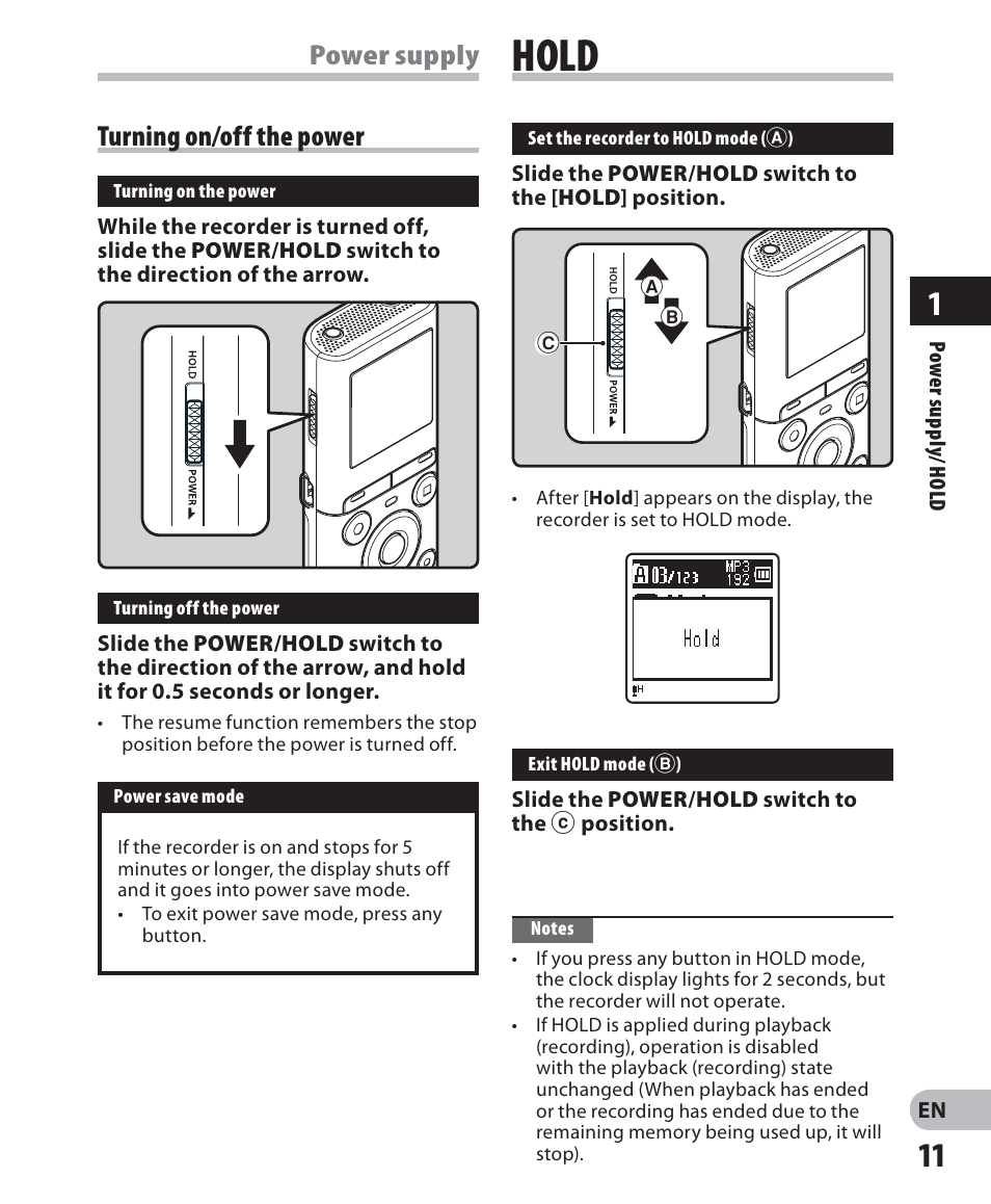 Hold, Power supply turning on/off the power | Olympus VN-405PC User Manual | Page 11 / 45