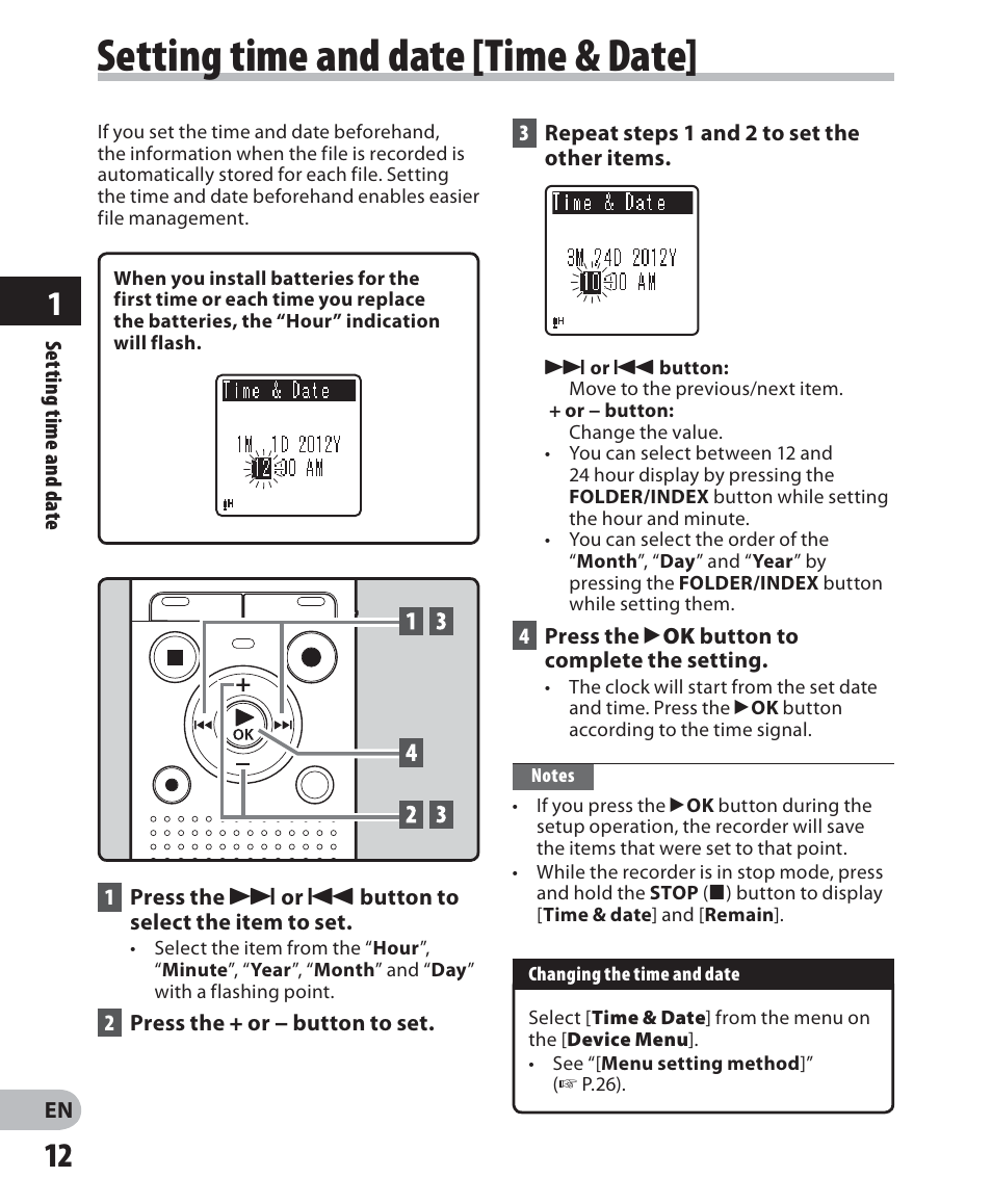 Setting time and date [time & date | Olympus VN-405PC User Manual | Page 12 / 45