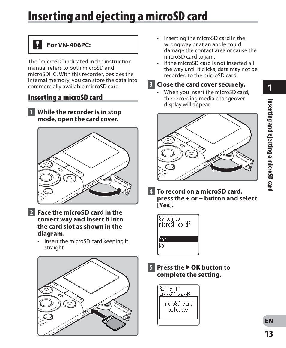 Inserting and ejecting a microsd card, Inserting a microsd card | Olympus VN-405PC User Manual | Page 13 / 45