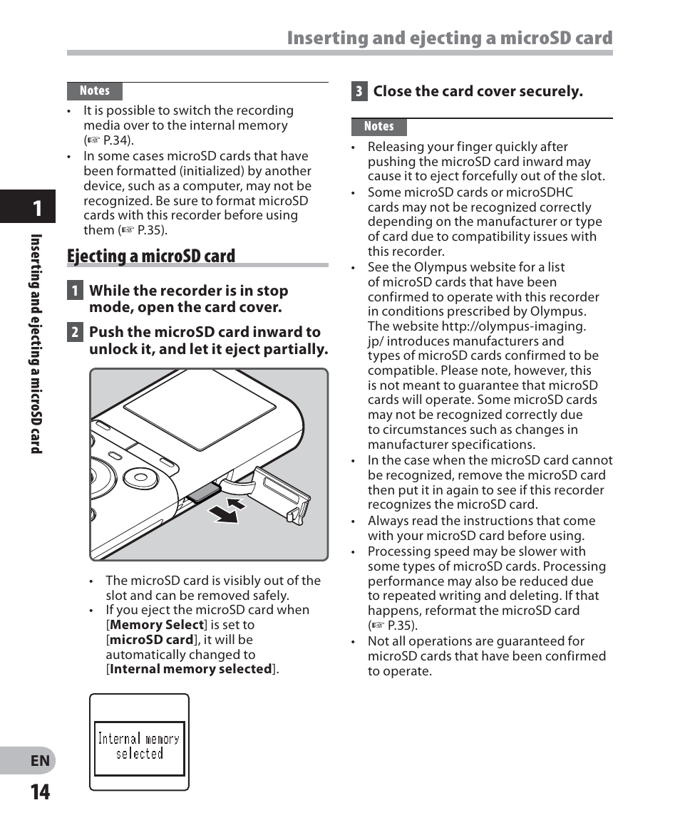 Inserting and ejecting a microsd card, Ejecting a microsd card | Olympus VN-405PC User Manual | Page 14 / 45