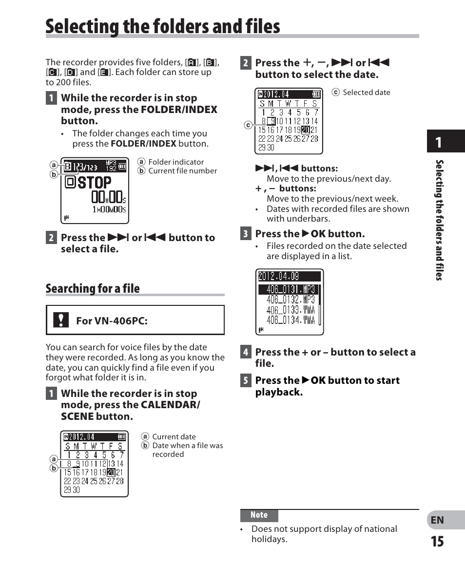 Selecting the folders and files, Searching for a file | Olympus VN-405PC User Manual | Page 15 / 45